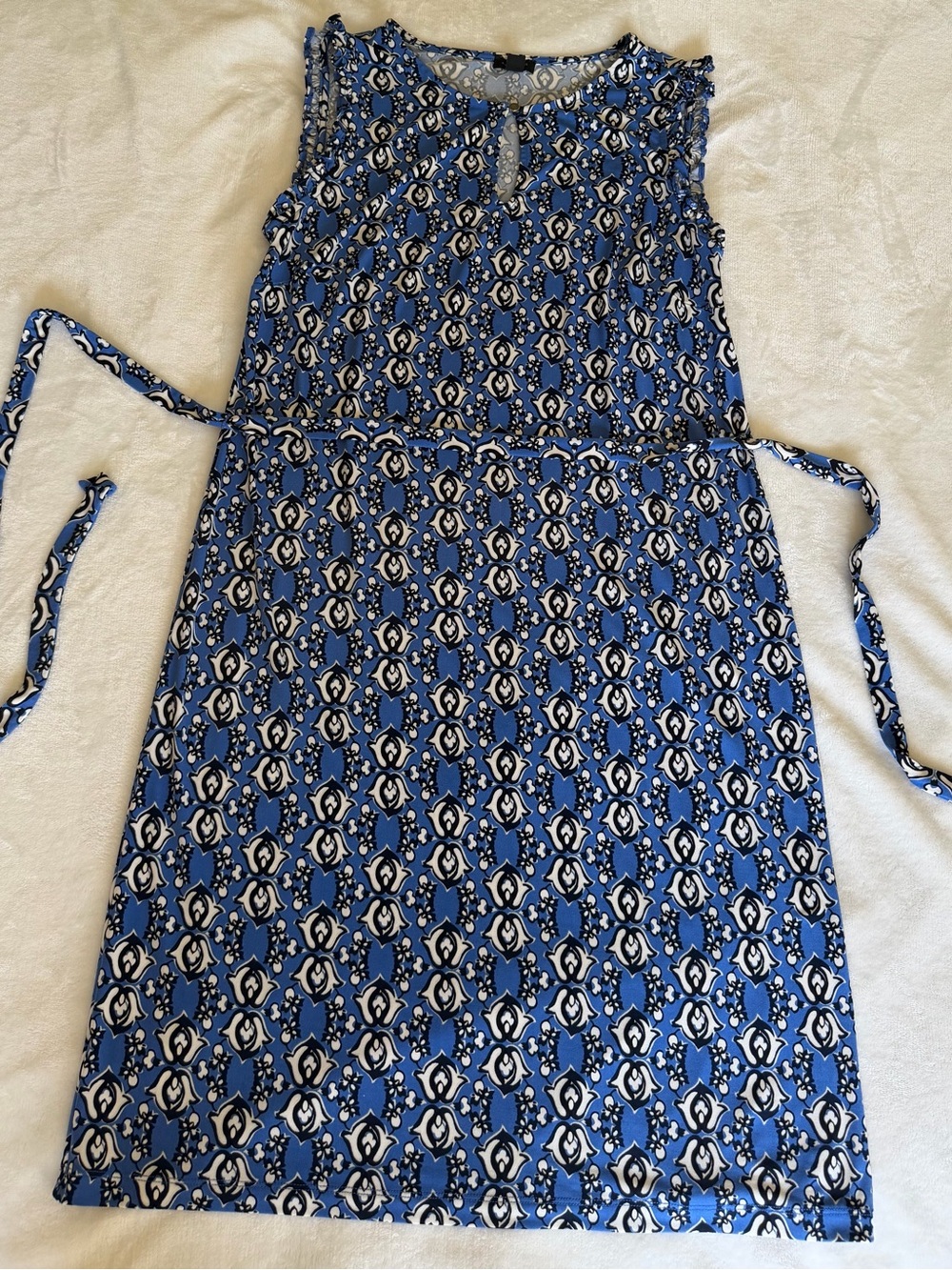 Ann Taylor Blue Printed Sleeveless Tie-Waist Dress with White Accents